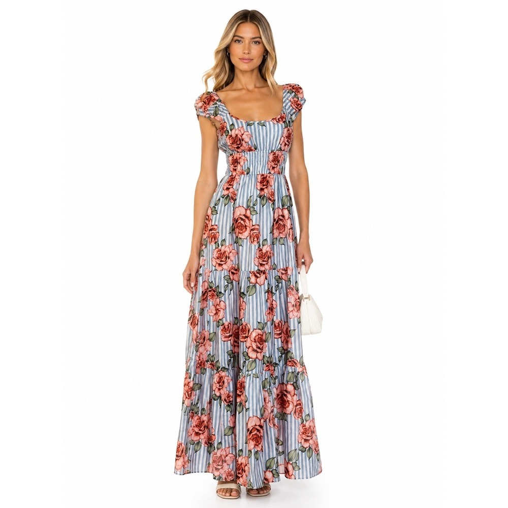 Hutch Blue Coral Striped Rose Floral Maxi Dress NWT Size Small Retail $350
